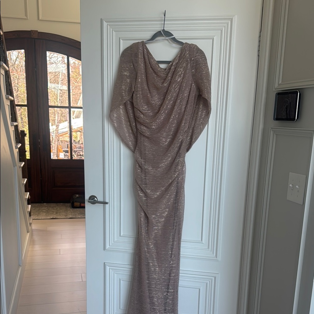Betsy & Adam Brown Ruched Wedding Gown with Cowl Neck